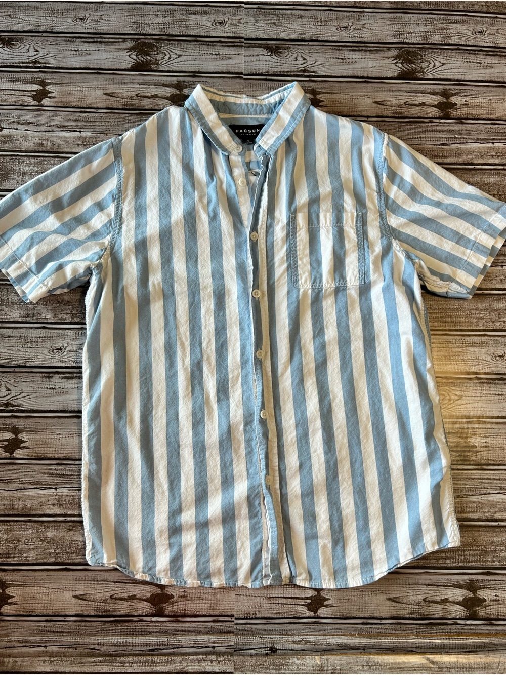 PacSun Coastal Light Blue and White Vertical Stripe Short Sleeve Button-Up